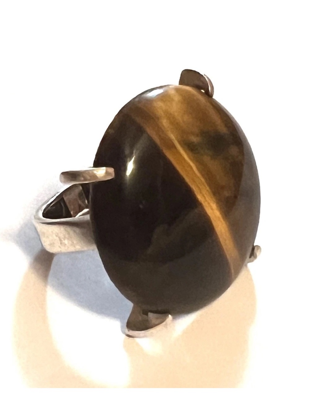 Vintage Huge Tiger’s Eye Solid 950 Pure Silver Ring Size 8.5 Made In Brazil